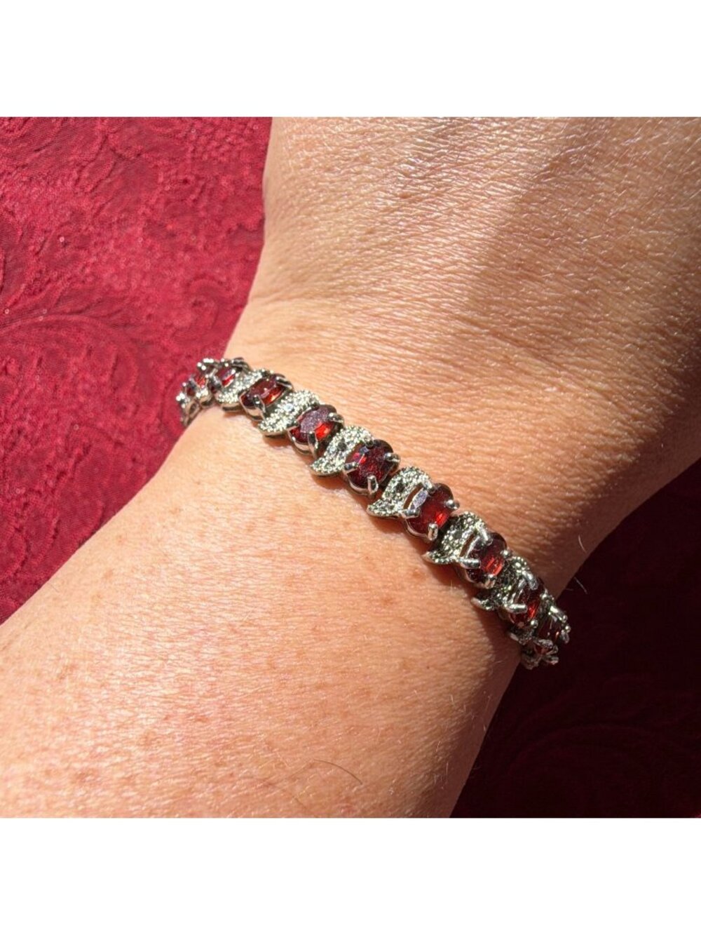 Vintage 925 Sterling Silver Red Garnet Tennis Bracelet 7.5" FAS Estate S Link